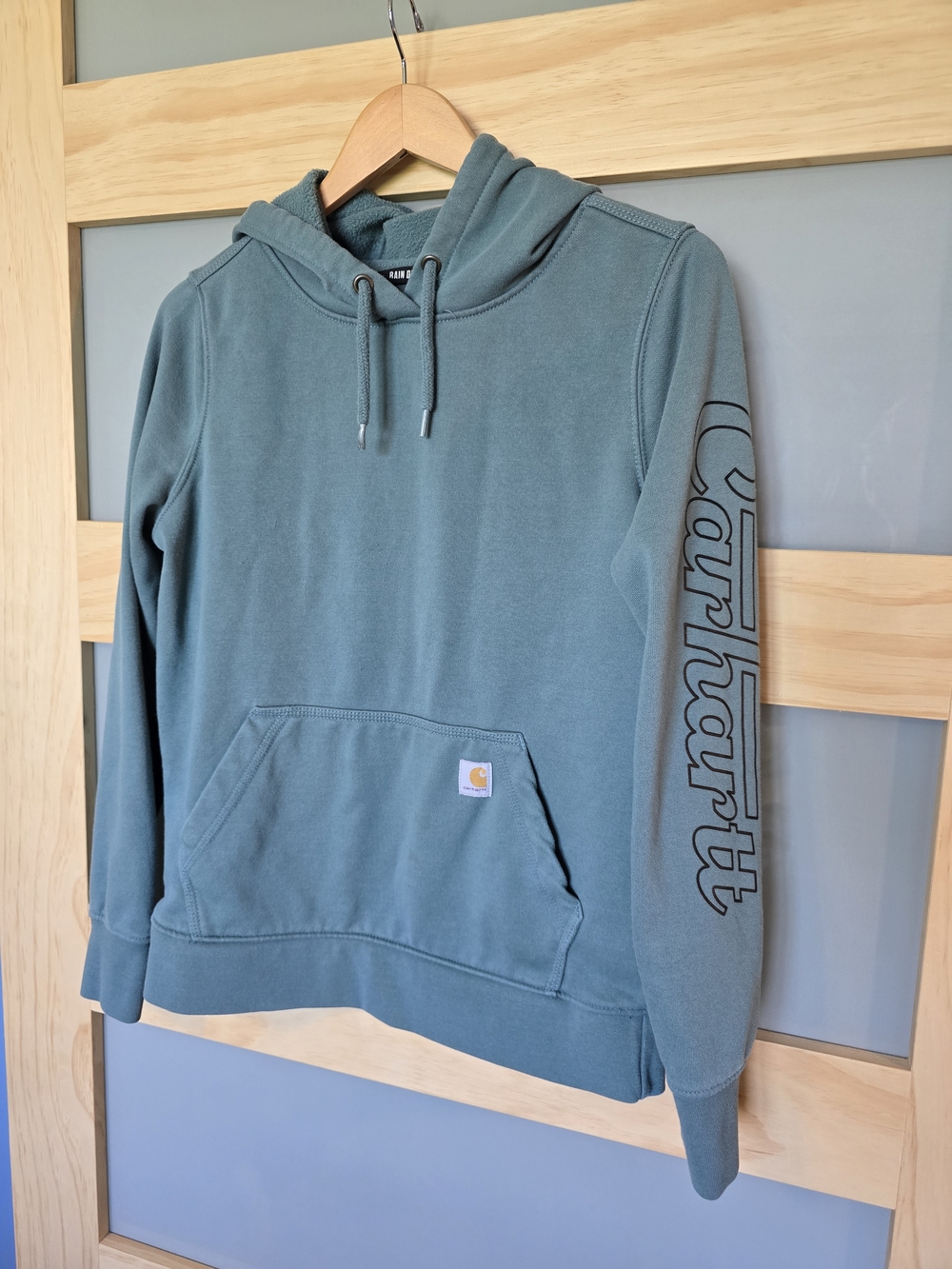 Carhartt Women's Teal Green Pullover Hoodie with Sleeve Logo